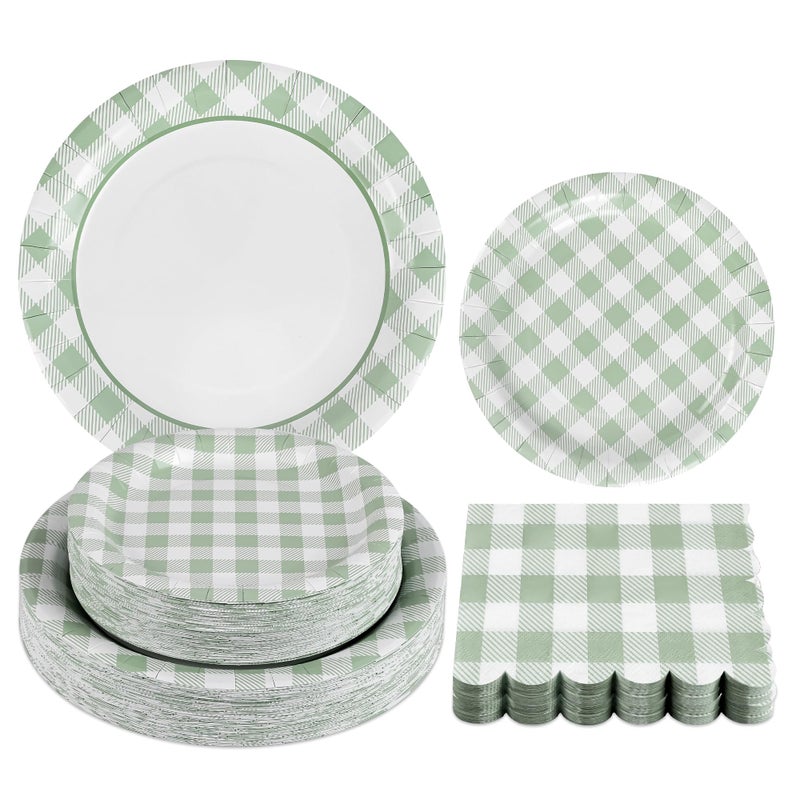 150 Pcs Sage Gingham Gingham Party Supplies Green Plaid Paper Plates Napkins Decor for Birthday Family Picnic BBQ Serves 50 Guests